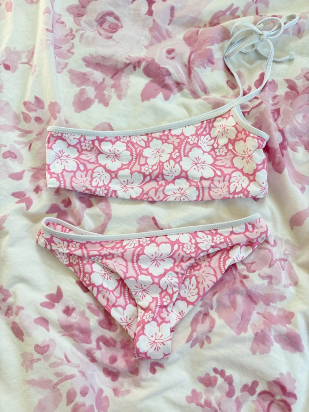 Frankie’s Bikinis one shoulder pink and white tropical bikini